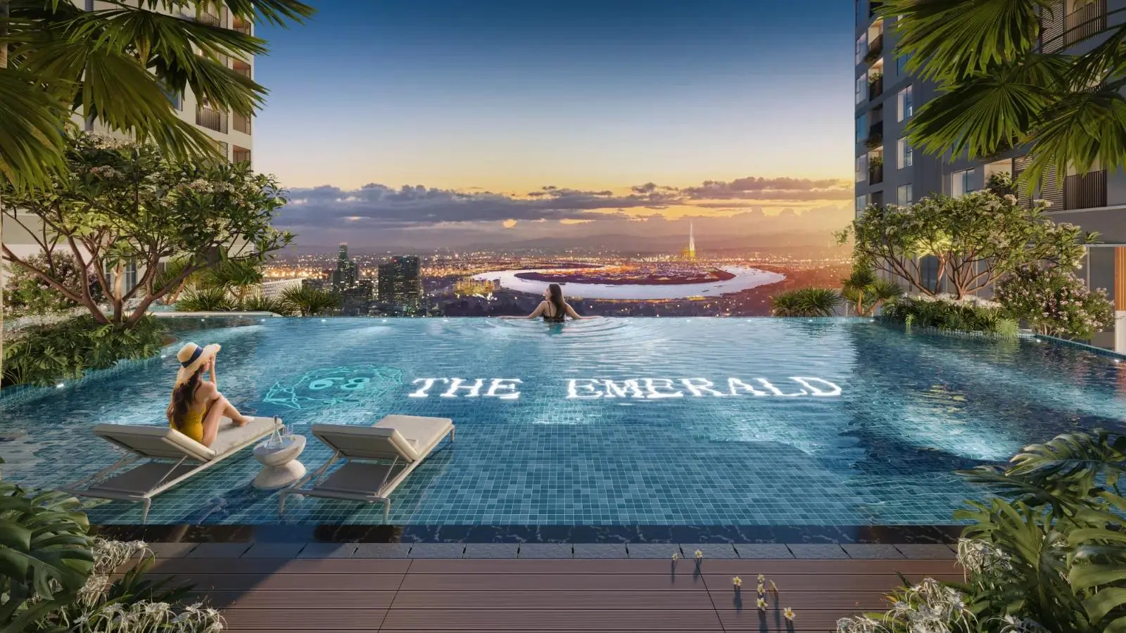 Hồ bơi vô cực trên cao tại dự án The Emerald Garden View, tầm nhìn hướng sông Sài Gòn và trung tâm TP.HCM.